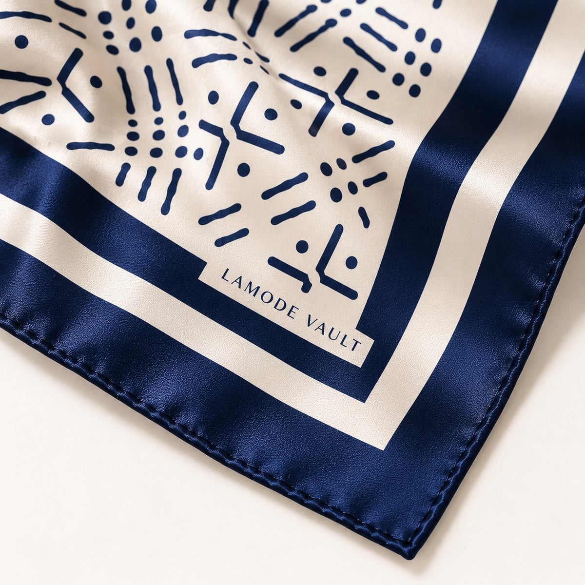 Lamode Vault signature detail on Midnight Navy 100% silk satin scarf