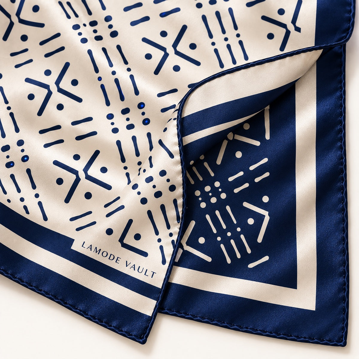 Double-sided print detail of Lamode Vault Midnight Navy 100% silk scarf