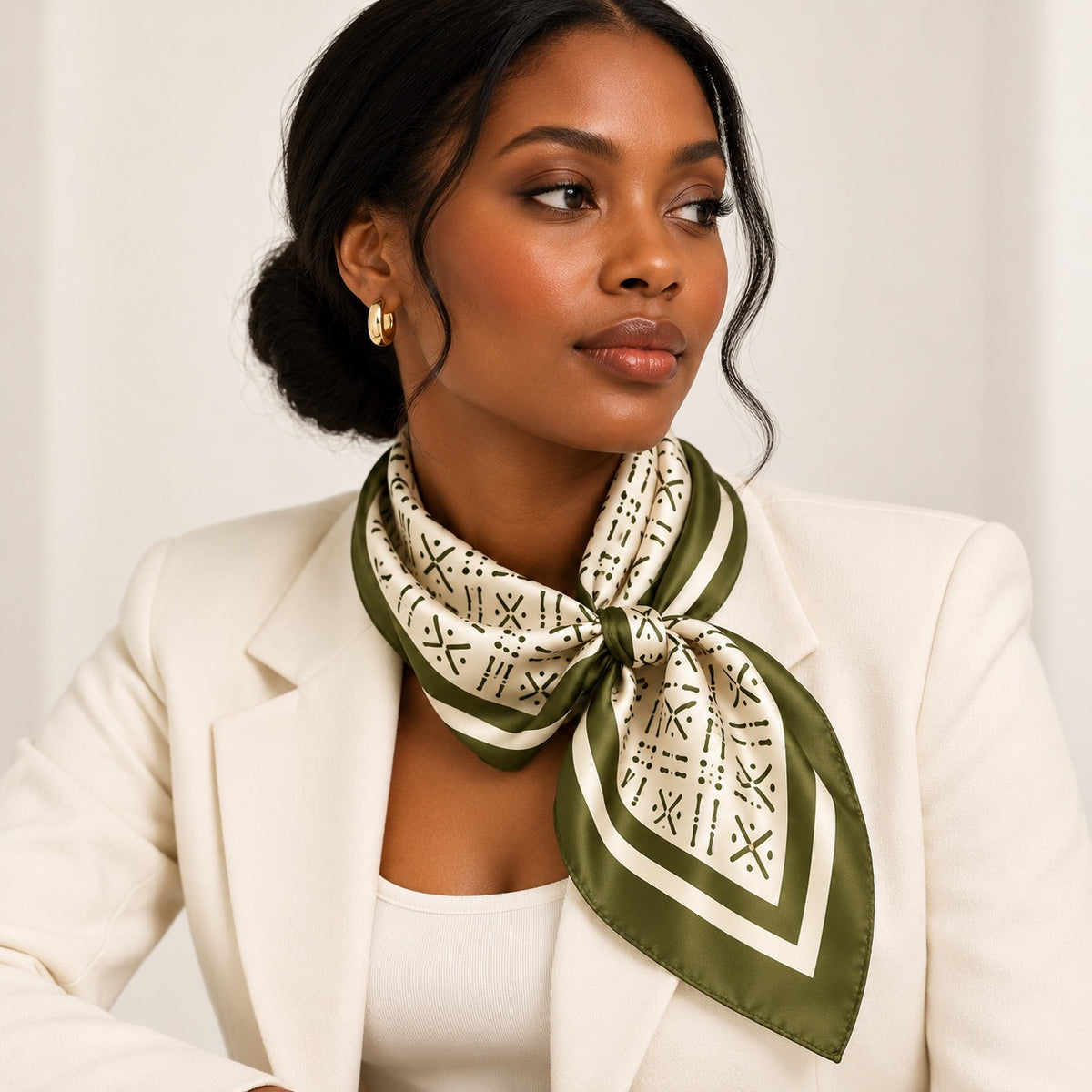 Midnight Navy Adire-inspired silk square scarf loosely styled around the neck