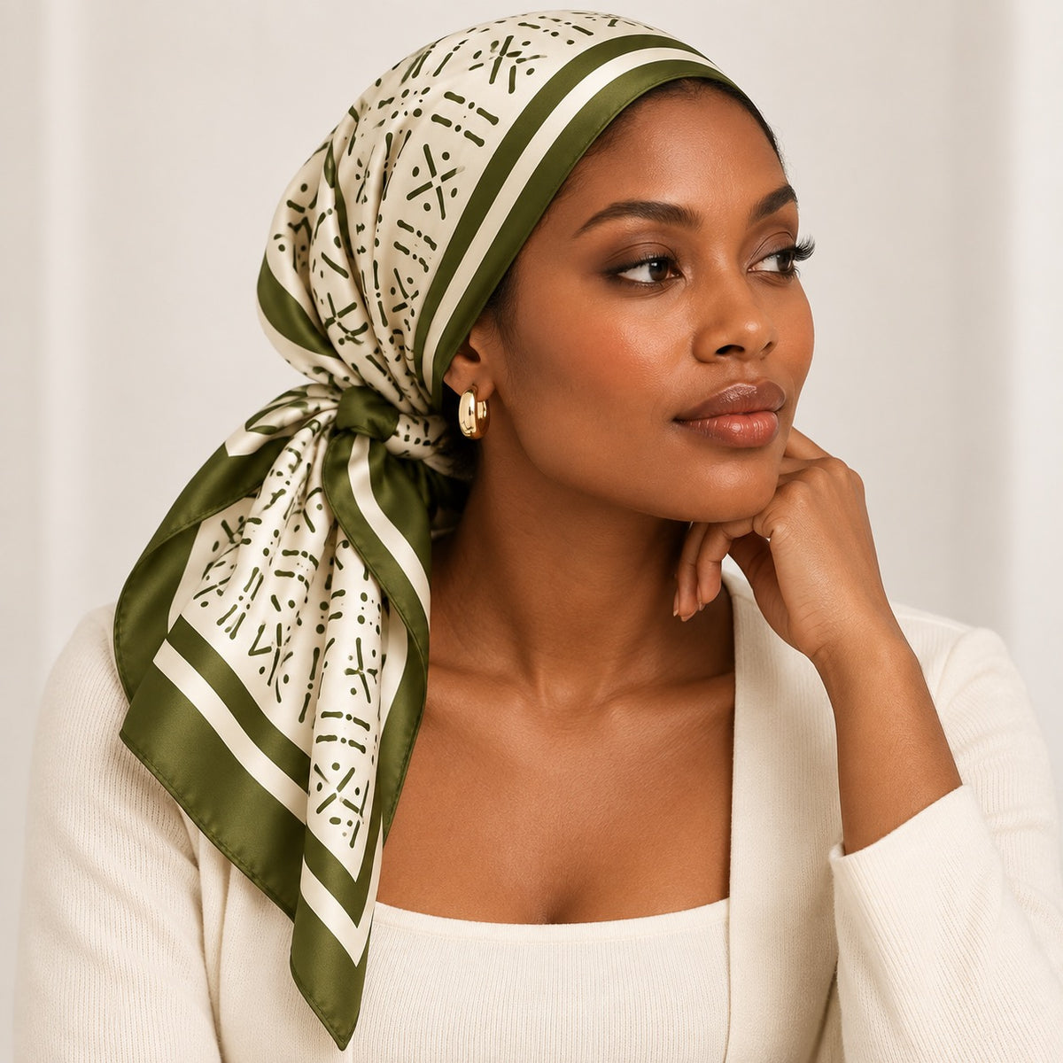 Woman wearing Midnight Navy and cream silk square scarf as a headscarf