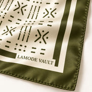 Lamode Vault signature detail on Midnight Navy 100% silk satin scarf