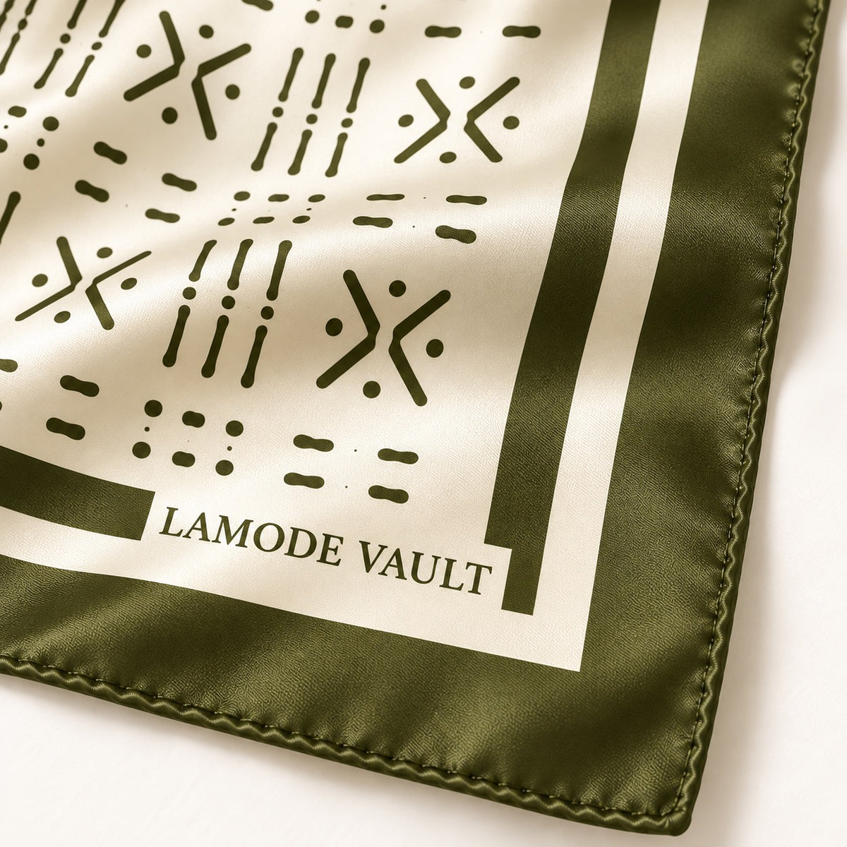 Lamode Vault signature detail on Midnight Navy 100% silk satin scarf
