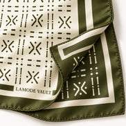 Double-sided print detail of Lamode Vault Midnight Navy 100% silk scarf
