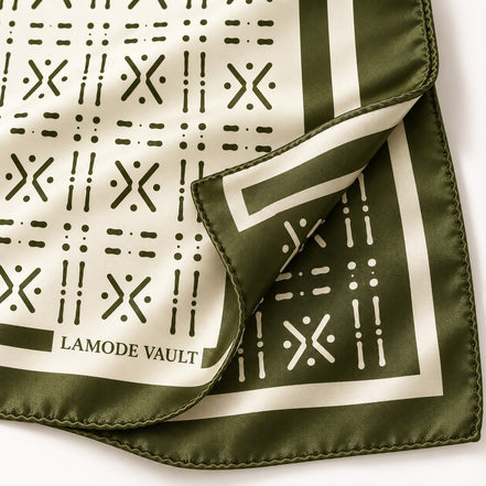 Double-sided print detail of Lamode Vault Midnight Navy 100% silk scarf