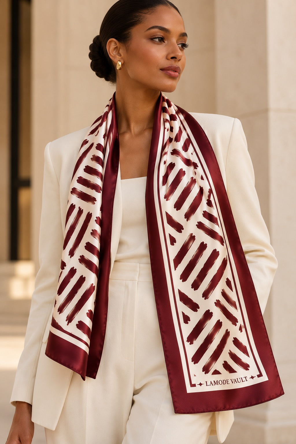 Brushstroke 100% Silk Satin Long Scarf – Burgundy