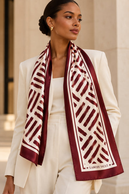 Brushstroke 100% Silk Satin Long Scarf – Burgundy