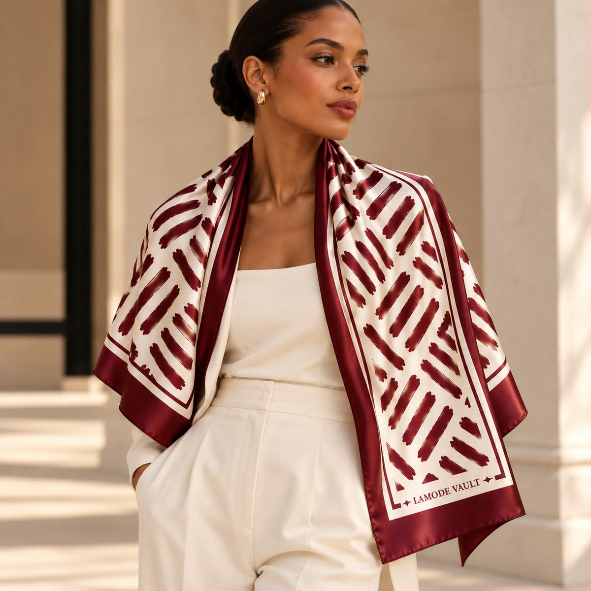 Brushstroke 100% Silk Satin Long Scarf – Burgundy