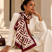 Burgundy and ivory 100% silk satin long scarf softly draped