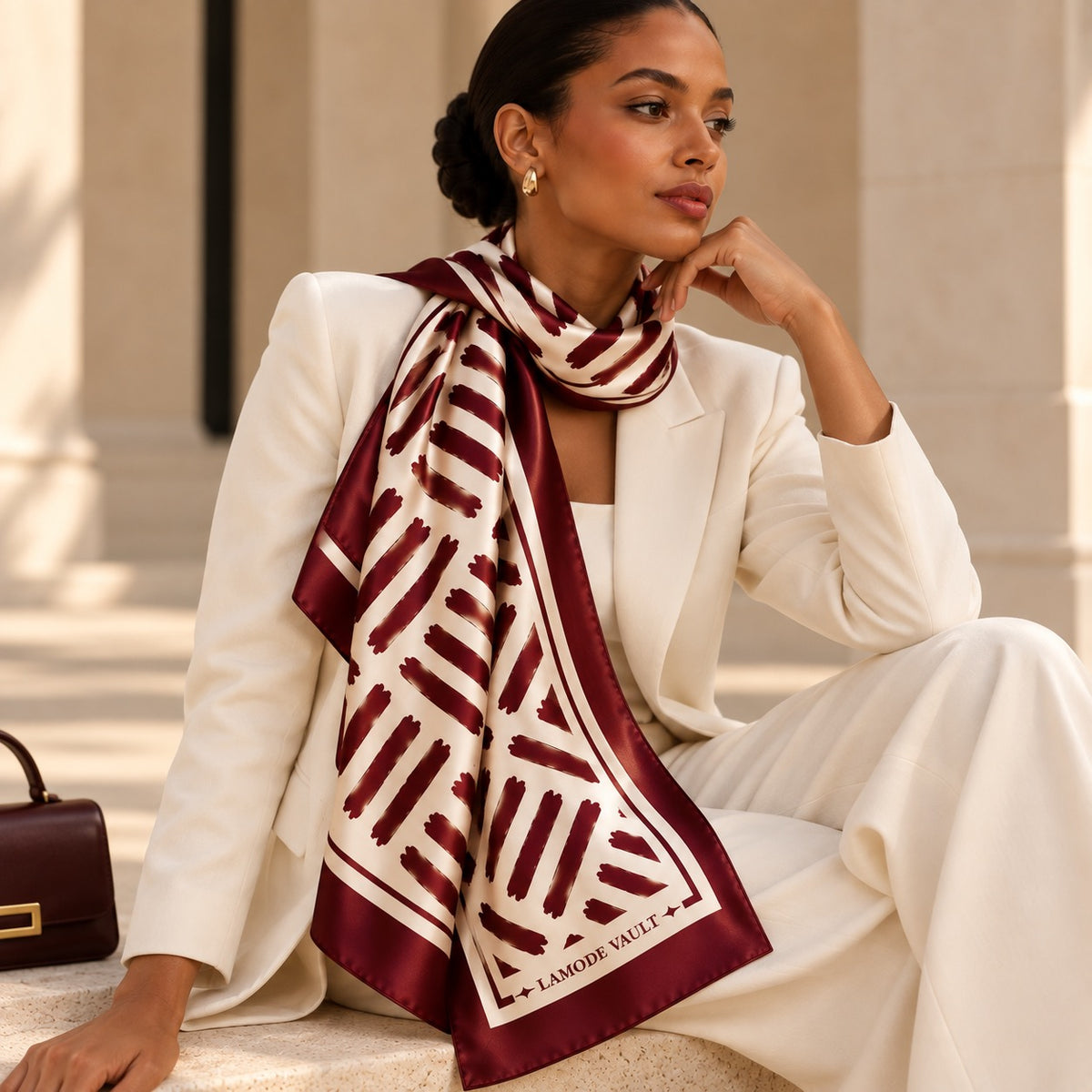 Burgundy and ivory 100% silk satin long scarf softly draped