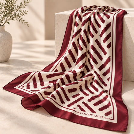 Brushstroke 100% Silk Satin Long Scarf – Burgundy