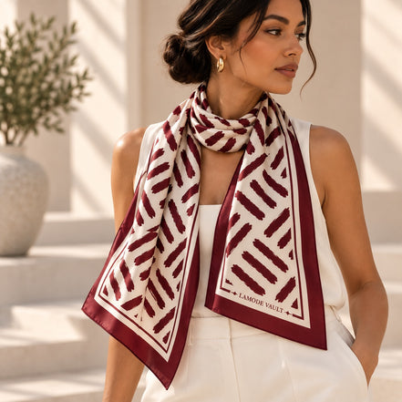 Brushstroke 100% Silk Satin Long Scarf – Burgundy