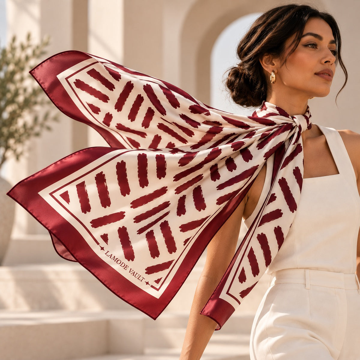 Brushstroke 100% Silk Satin Long Scarf – Burgundy