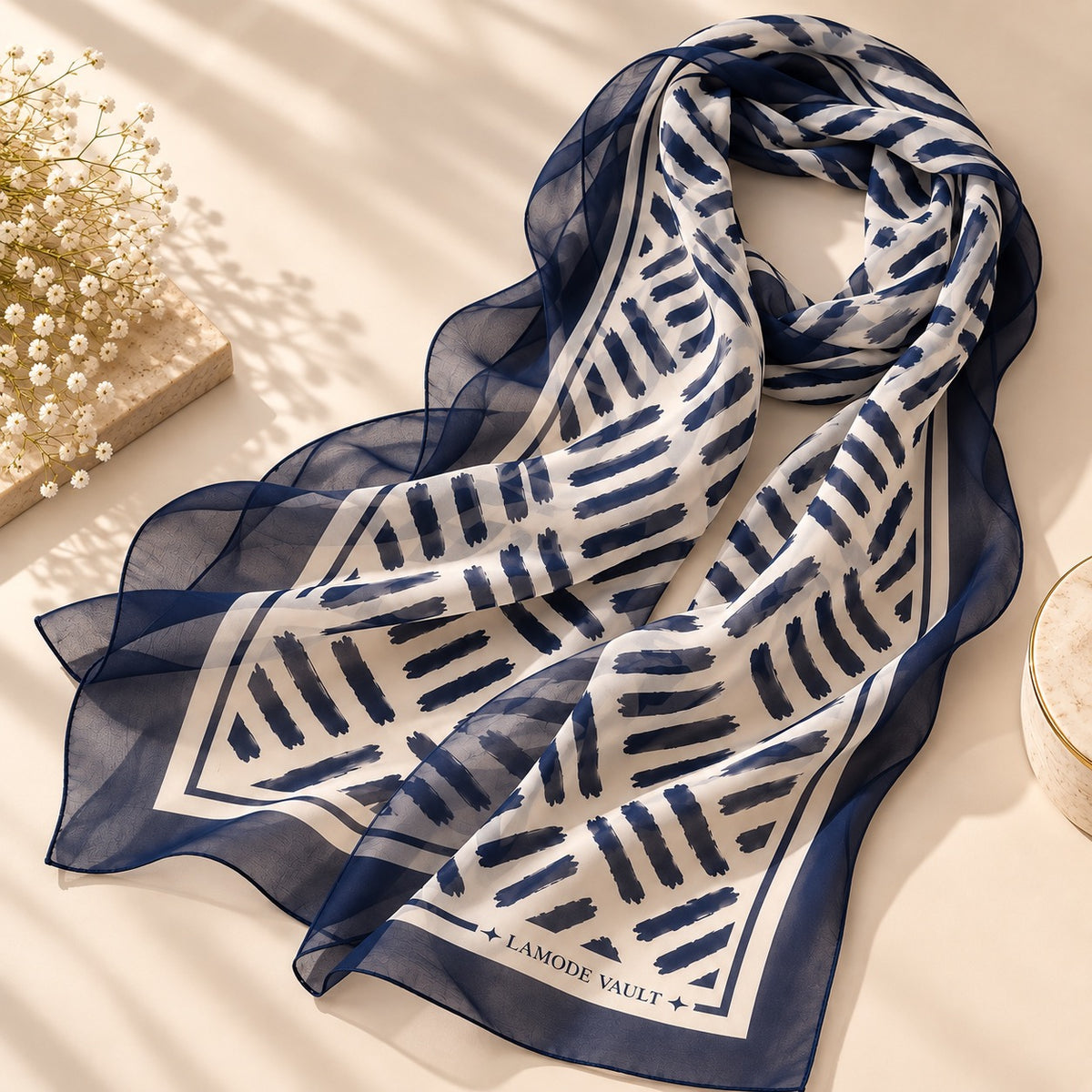 Brushstroke 100% Silk Chiffon Long Scarf – Midnight Navy