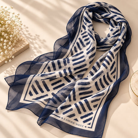 Brushstroke 100% Silk Chiffon Long Scarf – Midnight Navy