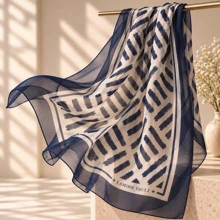 Brushstroke 100% Silk Chiffon Long Scarf – Midnight Navy