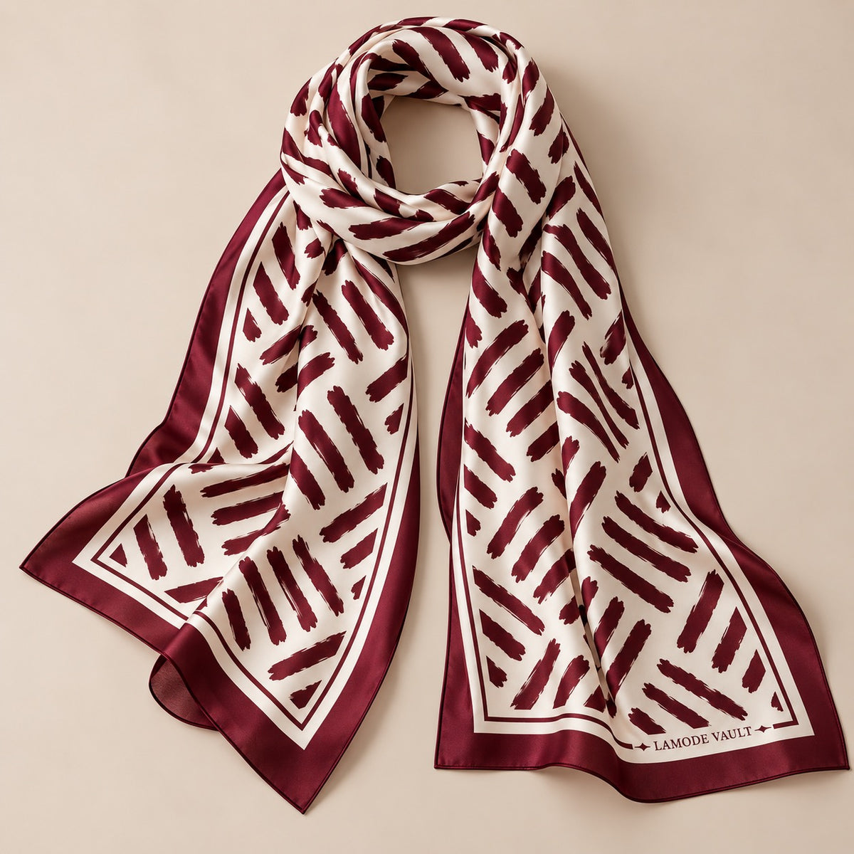 Brushstroke 100% Silk Satin Long Scarf – Burgundy