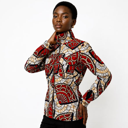 Ankara Zip Jacket | Red Mosaic Wax Print
