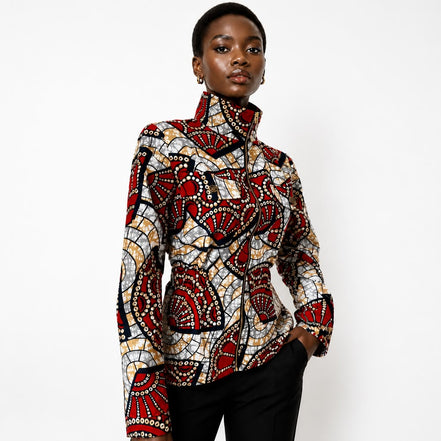 Ankara Zip Jacket | Red Mosaic Wax Print