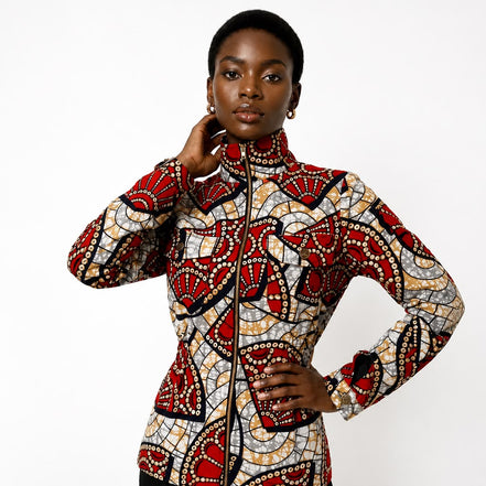 Ankara Zip Jacket | Red Mosaic Wax Print