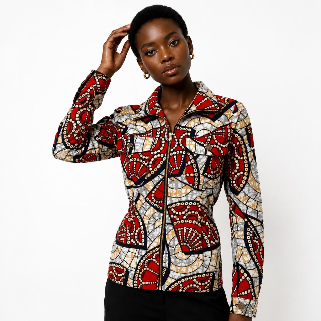 Ankara Zip Jacket | Red Mosaic Wax Print