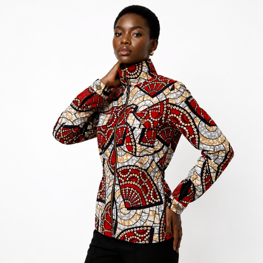 Ankara Zip Jacket | Red Mosaic Wax Print