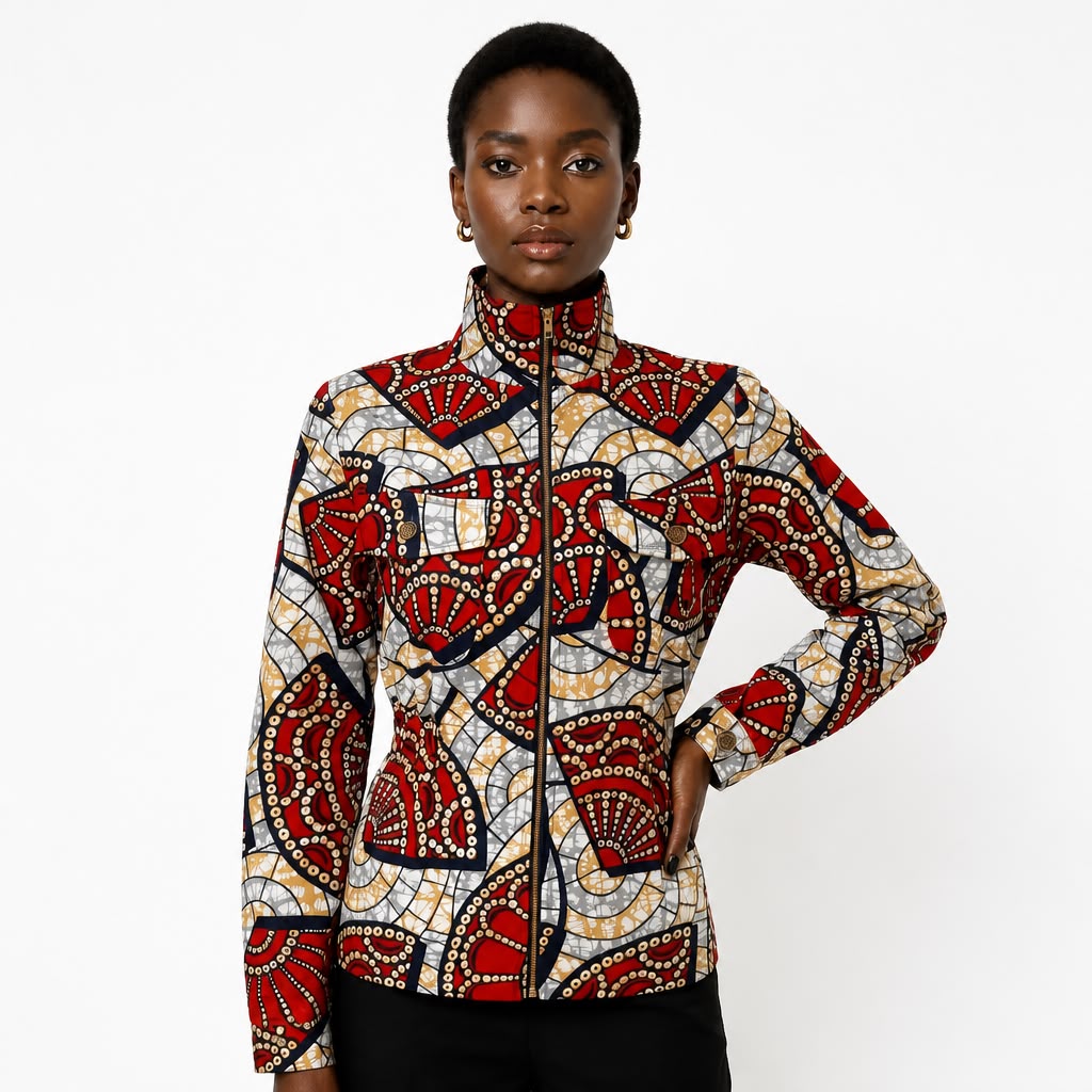 Ankara Zip Jacket | Red Mosaic Wax Print