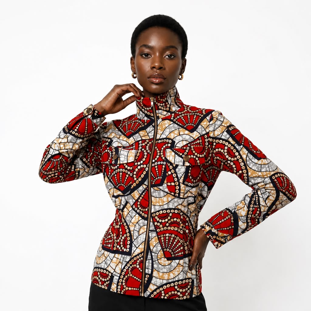 Ankara Zip Jacket | Red Mosaic Wax Print