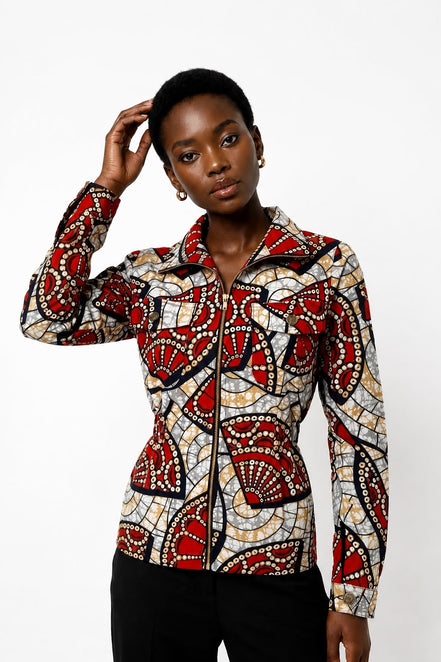 Ankara Zip Jacket | Red Mosaic Wax Print