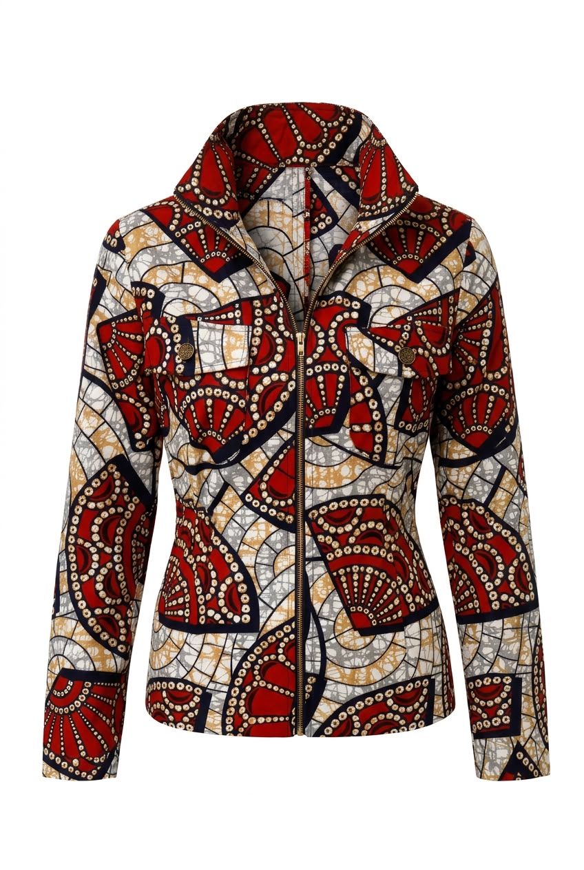 Ankara Zip Jacket | Red Mosaic Wax Print