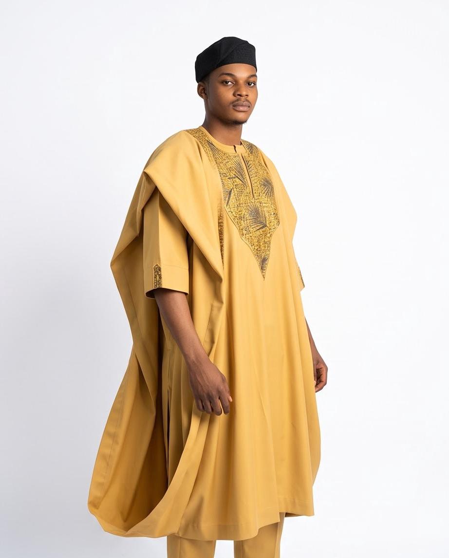Men's Gold Ankara Agbada 3-Piece Set | Nigerian Formal Wear