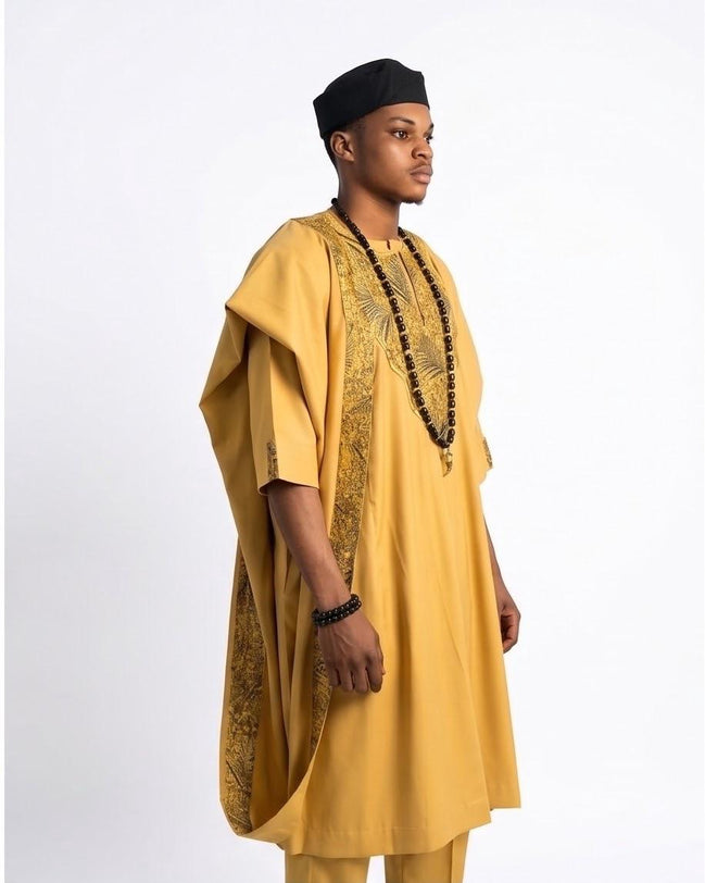 Men's Gold Ankara Agbada 3-Piece Set | Nigerian Formal Wear