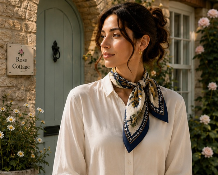 Adire Infinity Silk Scarf – Navy, Gold & Sage
